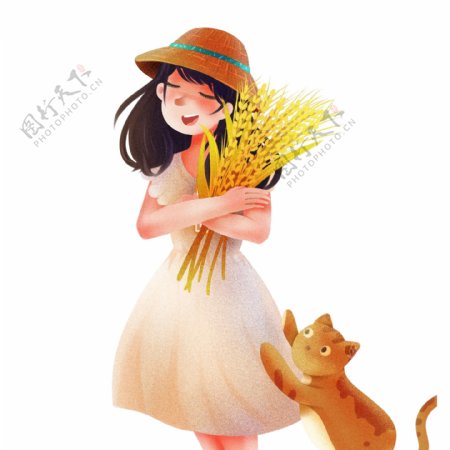 彩绘小满抱着稻谷的女孩插画元素