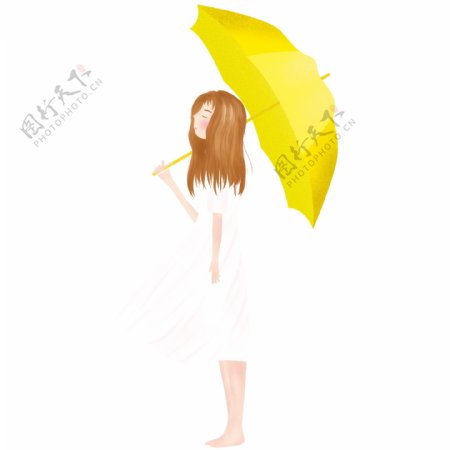 撑着黄色雨伞的女孩元素