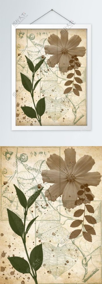 复古风邮戳植物花卉牛皮纸纹理装饰画