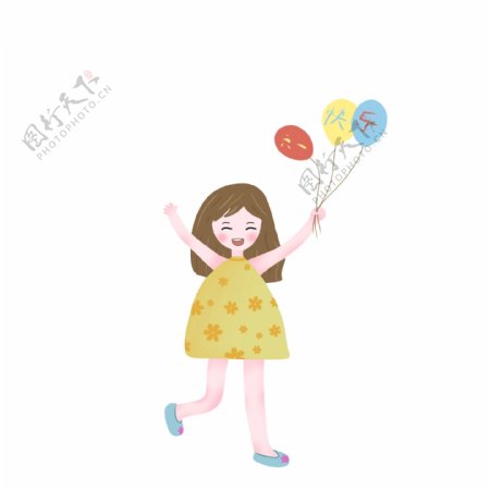 原创六一儿童节快乐小女孩拿着气球