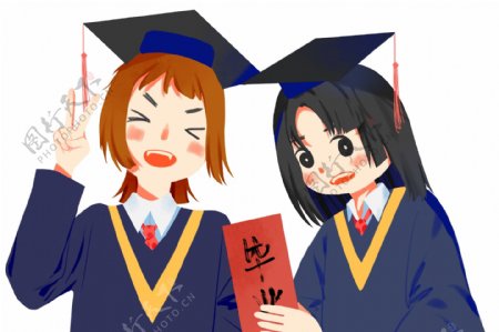 毕业季穿学士服的女孩卡通毕业照