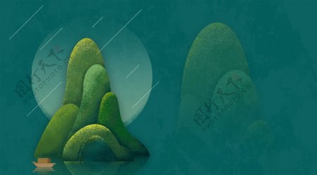抽象手绘绿色植物山峰插画背景