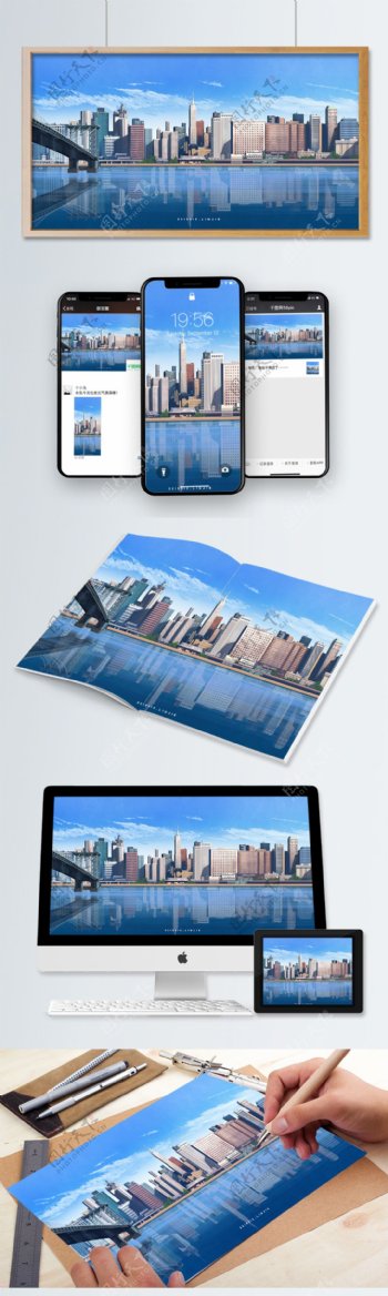 现代城市风光海港写实细腻插画动漫卡通手绘
