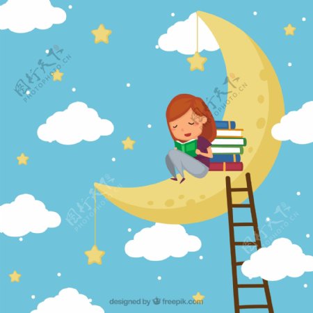 创意月亮上读书的女孩