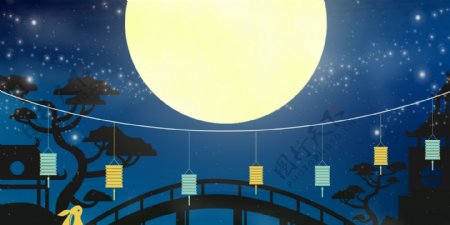 月亮鹊桥玉兔灯笼中秋插画中国风