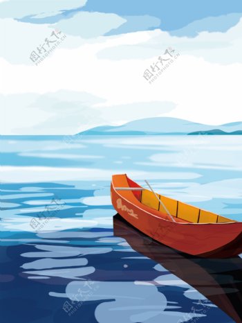 卡通手绘河边船只插画背景