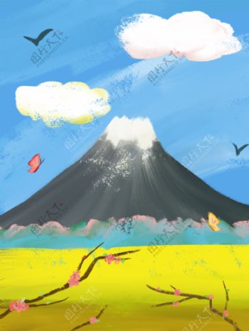 原创手绘油画日系富士山秋日蓝天背景