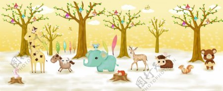 树林动物卡通动物儿童房壁画
