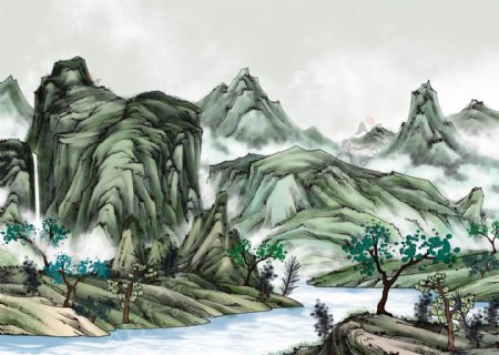 中国风山水墨画