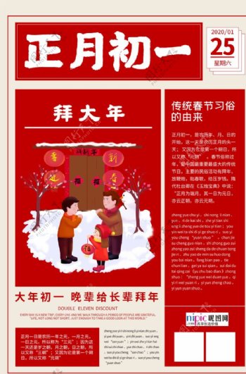 新年习俗正月鼠年红色创意报纸