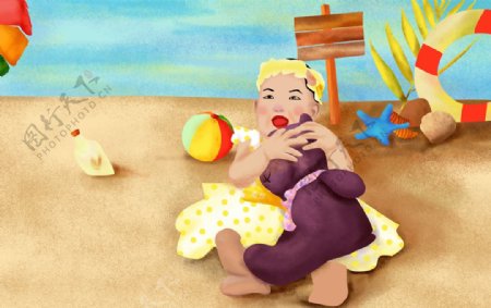 沙滩上玩耍的小宝贝插画
