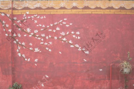 文艺意境红色樱花复古墙