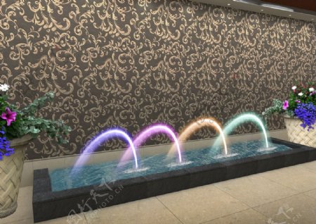 走廊处喷泉水景灯光后期效果图