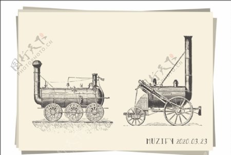 老式蒸汽小火车手绘稿