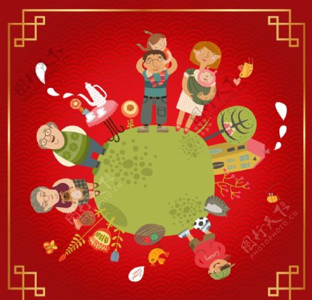 春节红色喜庆卡通人物插画