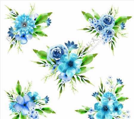 水彩花朵绘蓝色花束