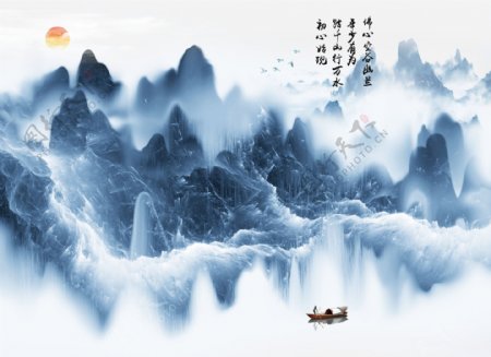 中式淡蓝山水背景