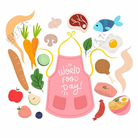 创意世界粮食日围裙和食物矢量图