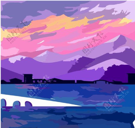西湖风景绘画色彩构成