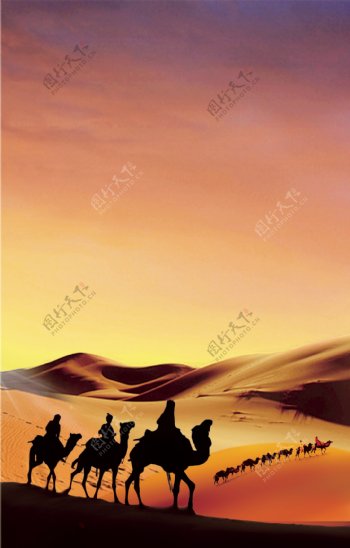 长河落日沙漠骆驼