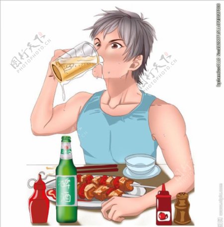 卡通喝啤酒男孩