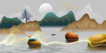 新中式金色山水飞鸟渔船装饰画