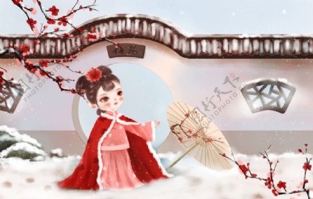 少女古风传统国风冬季插画背景