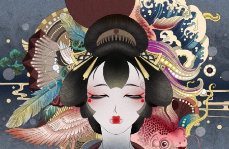 日式浮世绘人物女性插画卡通素材