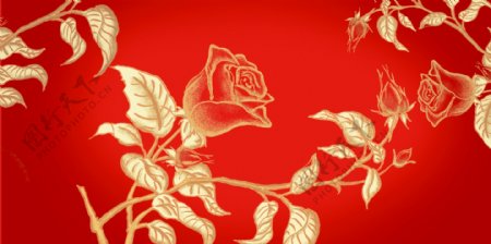玫瑰花烫金国风插画卡通背景素材