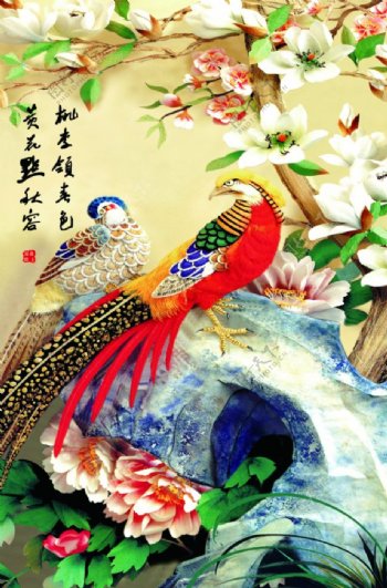 锦鸡孔雀牡丹花栀子花背景墙装饰图片