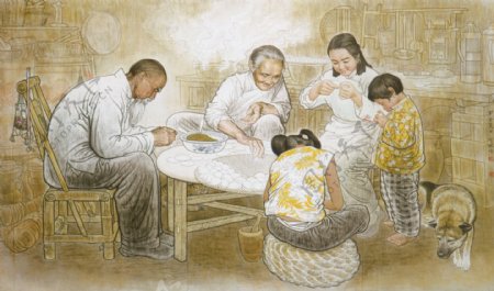 捏扁食图传统包饺子孩童