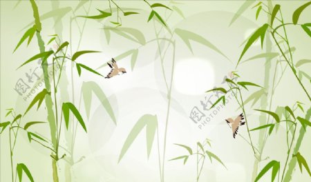 竹子飞鸟背景墙图片
