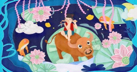 梦幻牧童牧牛插画图片