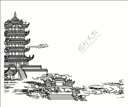 五層寶塔式中國風古樓線條圖形圖片