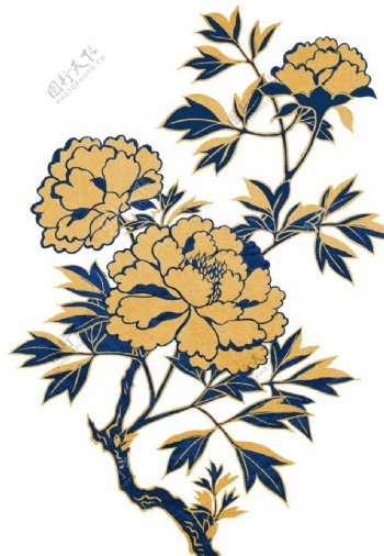中式金色牡丹描边蓝色花叶子图片