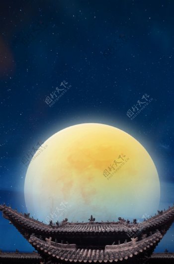 月亮屋檐复古背景海报素材图片