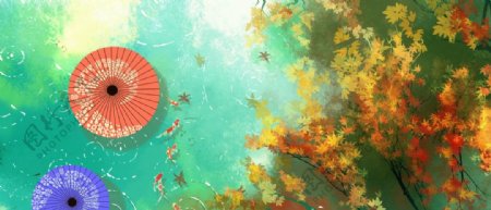 秋天树叶雨伞插画卡通背景素材图片