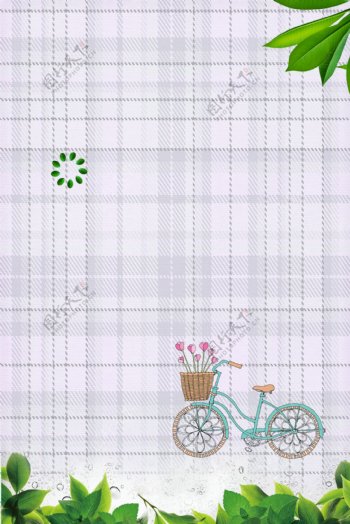 小清新格子背景叶子自行车图片