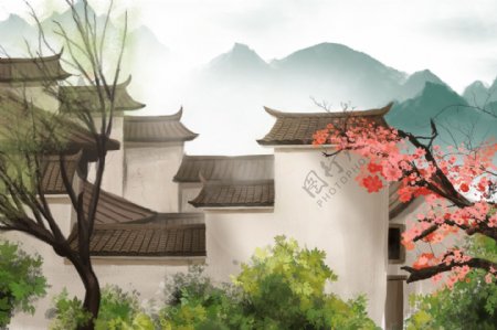 江南小镇建筑复古背景海报素材图片