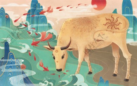牛年传统插画复古背景海报素材图片