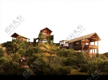 林中别墅山上木屋建筑景观效果图图片