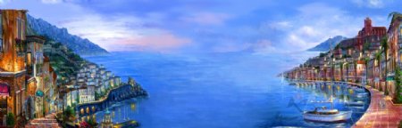全景海湾港湾壁画设计范图图片