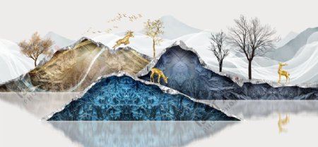 中式山水麋鹿装饰画图片