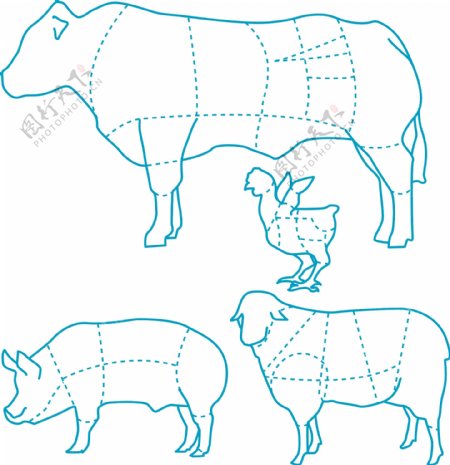 猪和牛羊鸡食品分布地图矢量素材