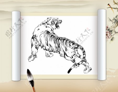 动物白虎线描装饰图
