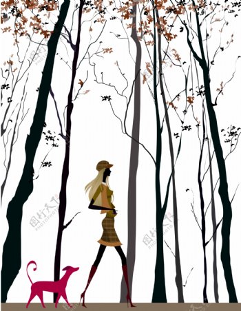 树林女人散步移门