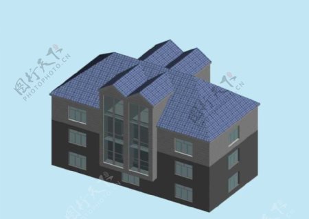 蓝色坡顶简模建筑3D模型