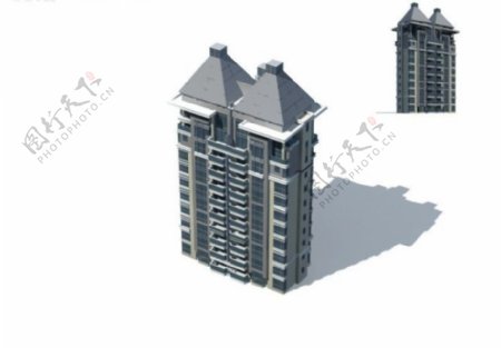 方锥顶多层塔式住宅楼建筑3D模型
