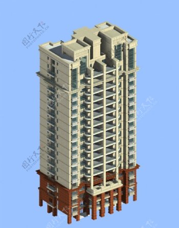 黄色高层塔住宅楼3D模型3D模型