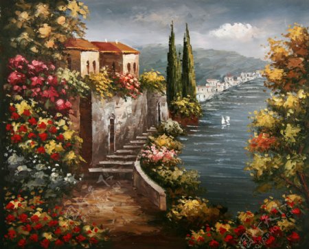 地中海风景油画图片